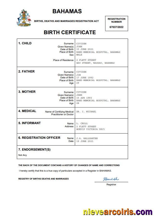 Bahamas vital record birth certificate